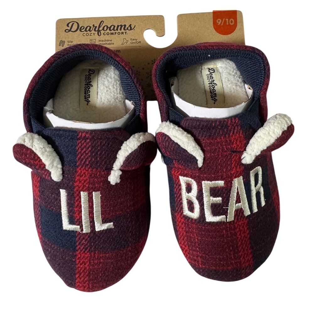 Dearfoams Kids Cozy‎ Comfort Plaid Lil Bear Slippers Size 9 10 Toddler